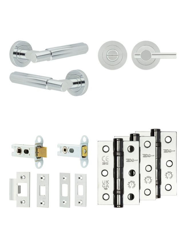 Complete Bloom Door Handle Pack - Heavy Duty Tubular Bathroom (Plain Thumb Turn) - Polished Chrome - 64mm / 3-inch Hinges - JE-B30B2-PC