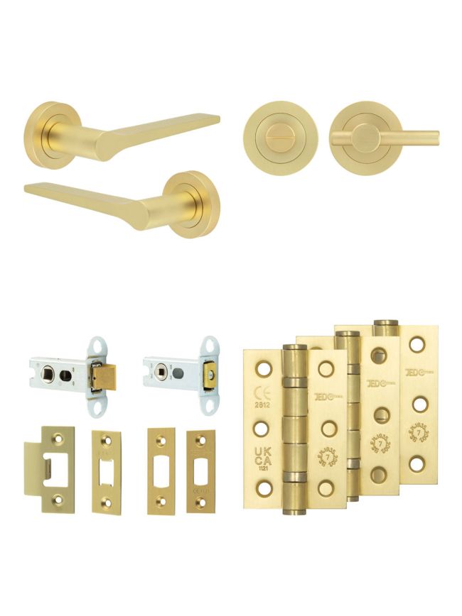 Complete Gio Door Handle Pack - Heavy Duty Tubular Bathroom (Plain Thumb Turn) - Satin Brass - 64mm / 3-inch Hinges - JE-E30B2-SB