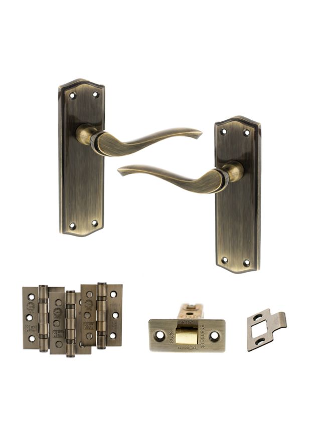 Old English Warwick Door Handle Pack (Latch Set - 3" CE Latch, 3" Fire Rated Hinges x3) - Antique Brass