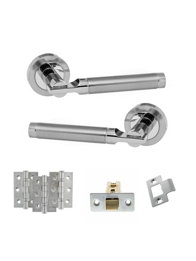 STATUS Dakota Door Handle Pack (Latch Set - 3" CE Latch, 3" Fire Rated Hinges x3) - Satin Chrome/Polished Chrome