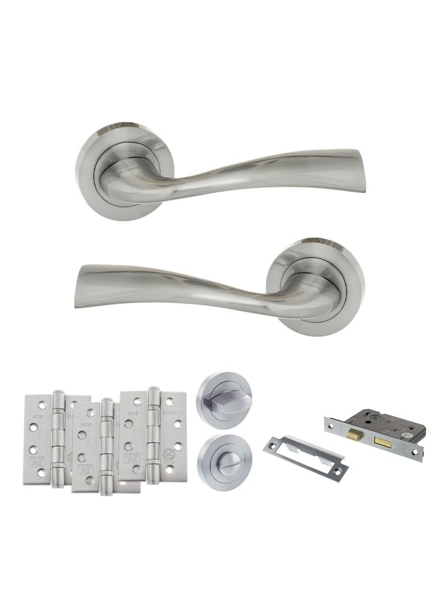 Eco Wave Door Handle Pack (Bathroom Set - 3" CE Bathroom Lock, 4" Fire Rated Hinges x3) - Polished Chrome