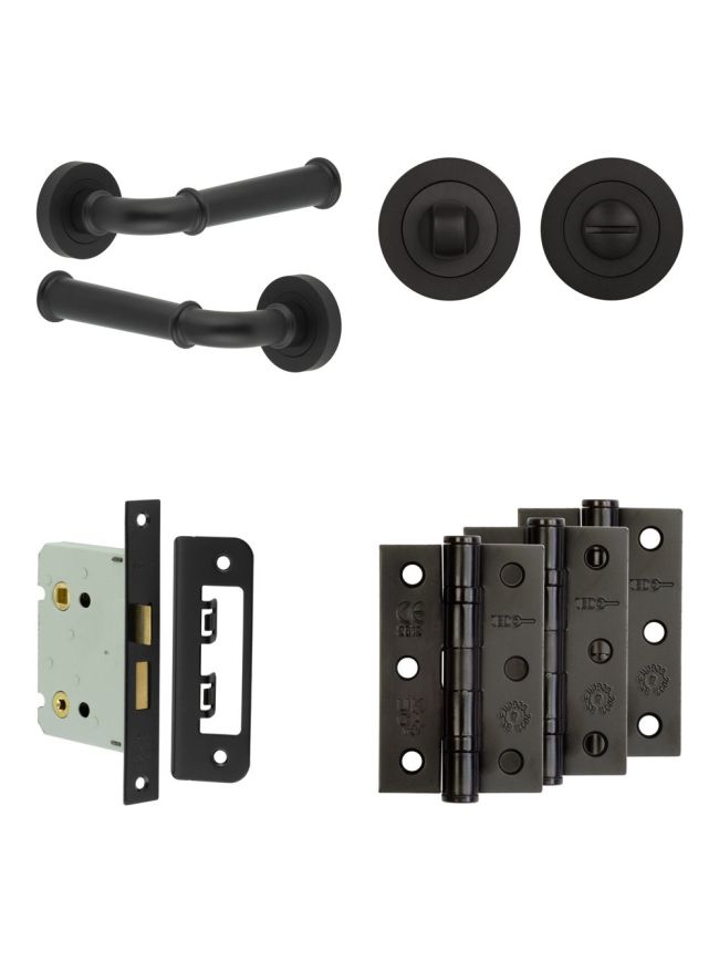 Complete Classic Door Handle Pack - Bathroom Lock (Standard Thumb Turn) - Matt Black - 76mm / 3-inch Hinges - JE-A6B3-MB