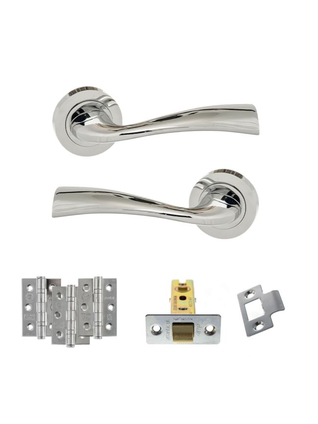 Eco Wave Door Handle Pack (Latch Set - 2.5" CE Latch, 3" Fire Rated Hinges x3) - Polished Chrome