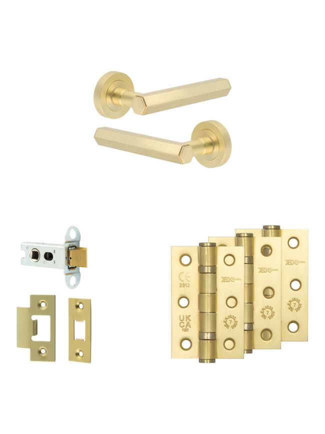 Complete Hex Door Handle Pack - Heavy Duty Latch - Satin Brass - 64mm / 3-inch Hinges - JE-C20B-SB