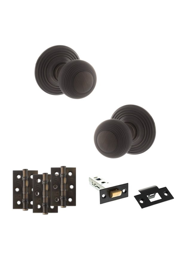 Old English Ripon Door Knob Pack (Latch Set - 4" HD Latch, 3" Fire Rated Hinges x3) - Urban Dark Bronze