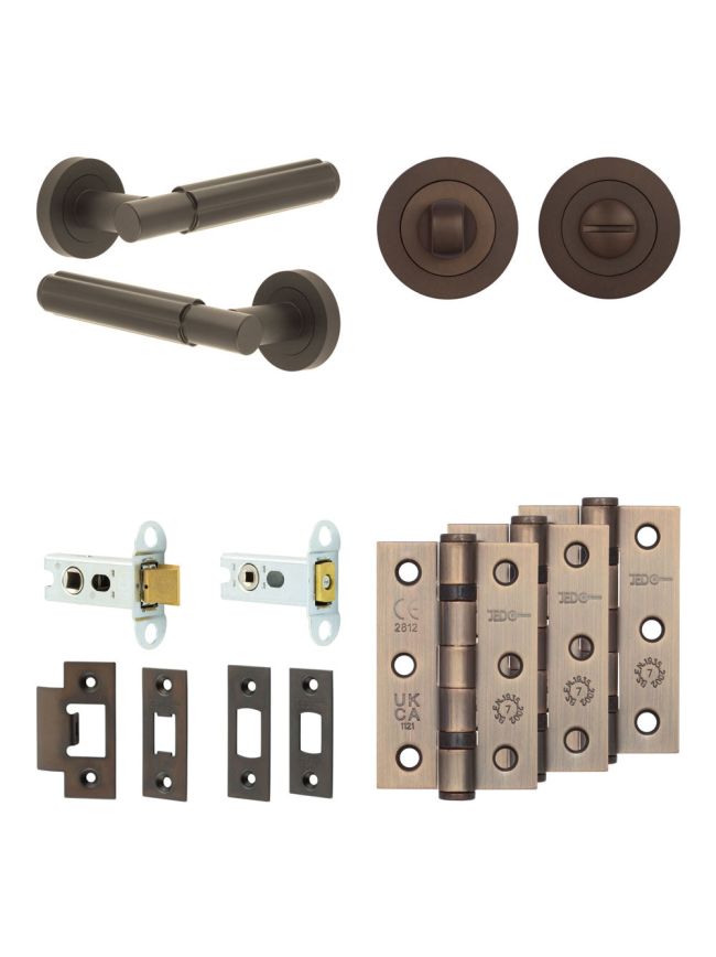 Complete Bloom Door Handle Pack - Heavy Duty Tubular Bathroom (Standard Thumb Turn) - Dark Bronze - 64mm / 3-inch Hinges - JE-B30B3-DB