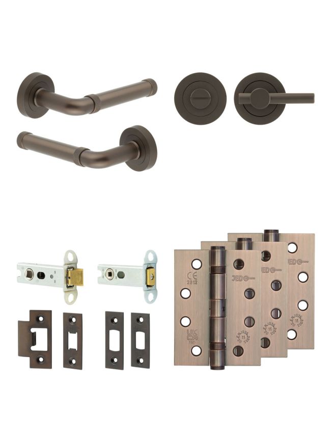 Complete Midtown Door Handle Pack - Heavy Duty Tubular Bathroom (Plain Thumb Turn) - Dark Bronze - 76mm / 4-inch Hinges - JE-G31A2-DB