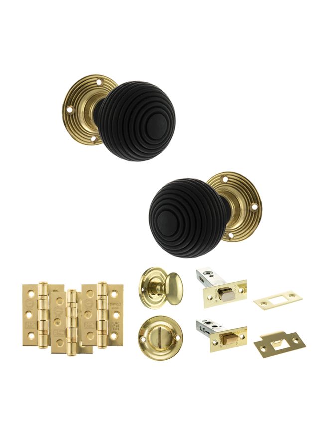 Old English Whitby Door Knob Pack (Bathroom Set - 3" Deadbolt, 3" Fire Rated Hinges x3) - Polished Brass