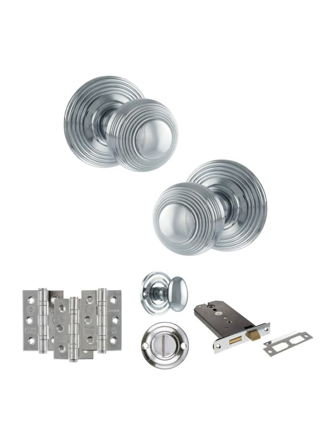 Old English Ripon Door Knob Pack (Lock Set - Horizontal Bathlock, 3" Fire Rated Hinges x3) - Polished Chrome