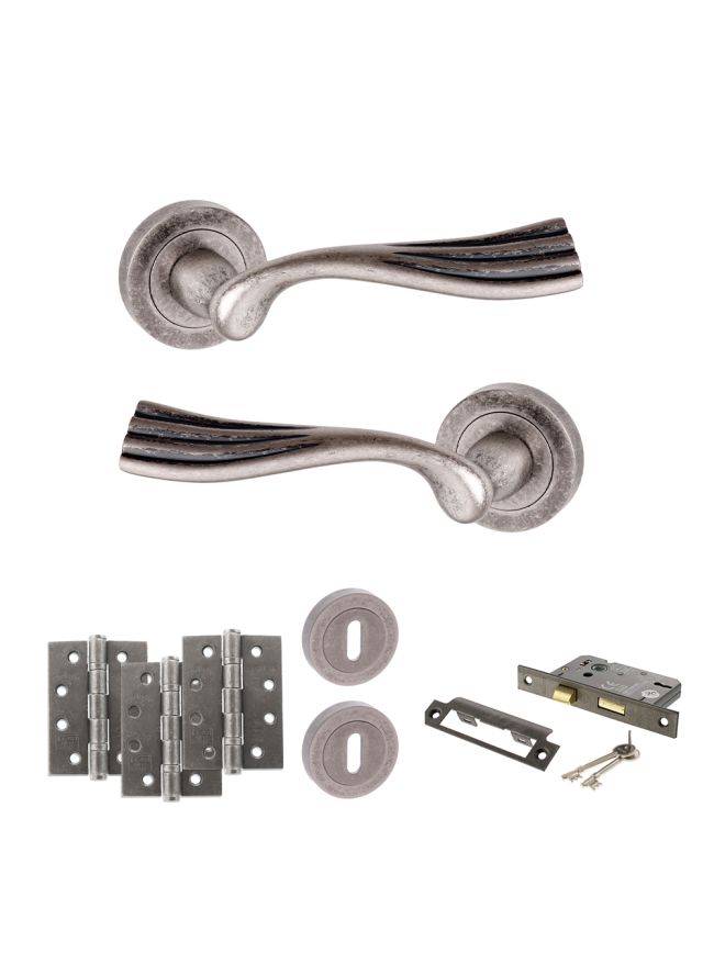 Old English Richmond Door Handle Pack (3 Lever Lock Set - 2.5" CE Sashlock, 4" Fire Rated Hinges x3) - Distressed Silver