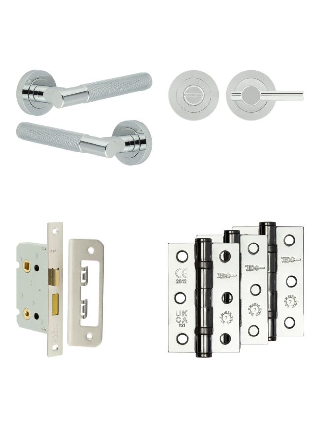 Complete Bari Door Handle Pack - Bathroom Lock (Plain Thumb Turn) - Polished Chrome - 65mm / 3-inch Hinges - JE-D5B2-PC