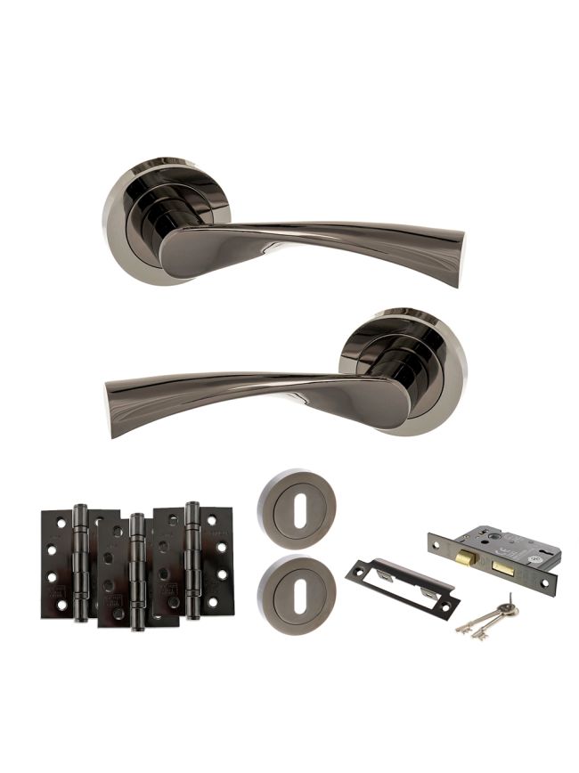STATUS Colorado Door Handle Pack (3 Lever Lock Set - 2.5" CE Sashlock, 4" Fire Rated Hinges x3) - Black Nickel