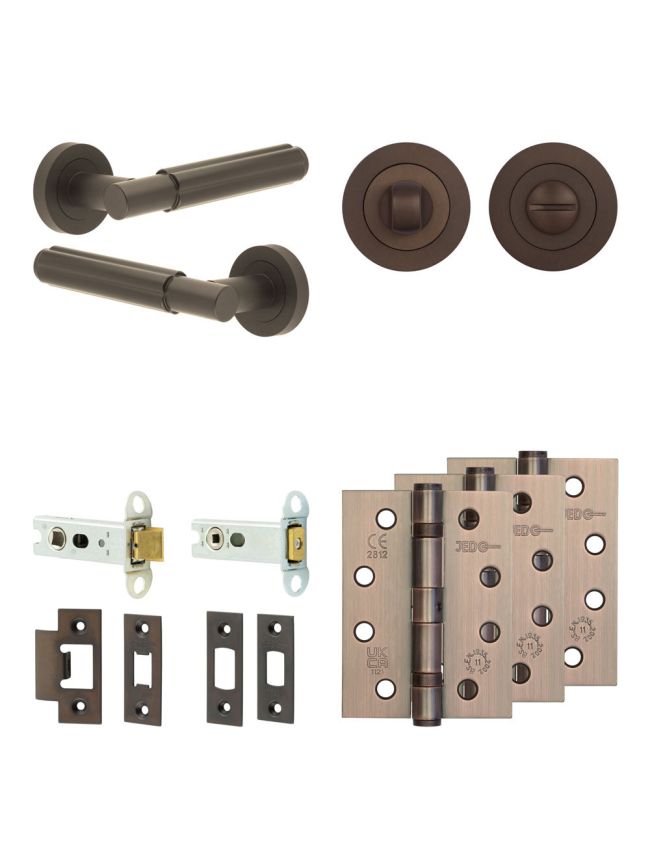 Complete Bloom Door Handle Pack - Heavy Duty Tubular Bathroom (Standard Thumb Turn) - Dark Bronze - 76mm / 4-inch Hinges - JE-B31A3-DB