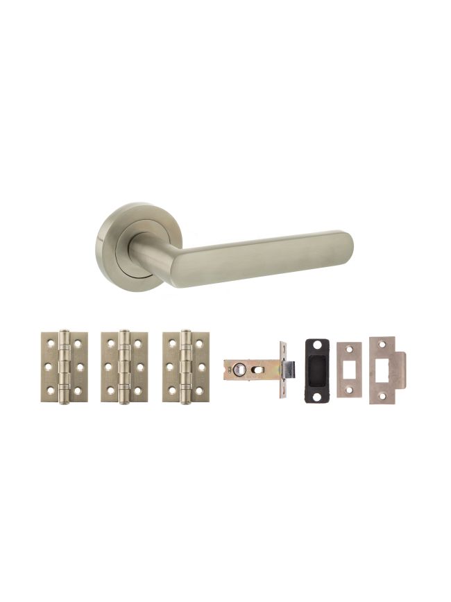 STATUS Carolina Door Handle Pack (Latch Set - 2.5" CE Latch, 3" Fire Rated Hinges x3) - Satin Nickel