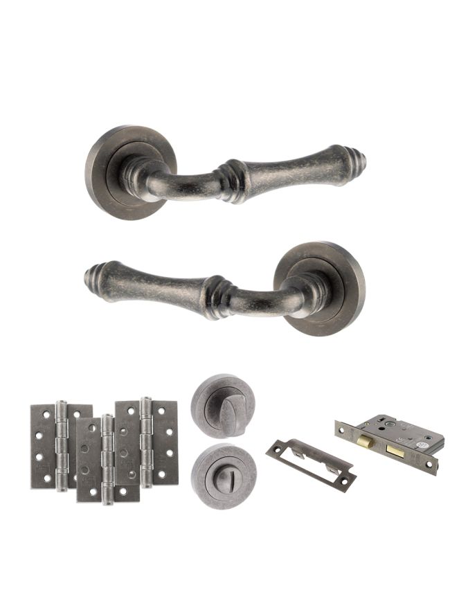 Old English Durham Door Handle Pack (Bathroom Set - 3" CE Bathroom Lock, 4" Fire Rated Hinges x3) - Distressed Silver