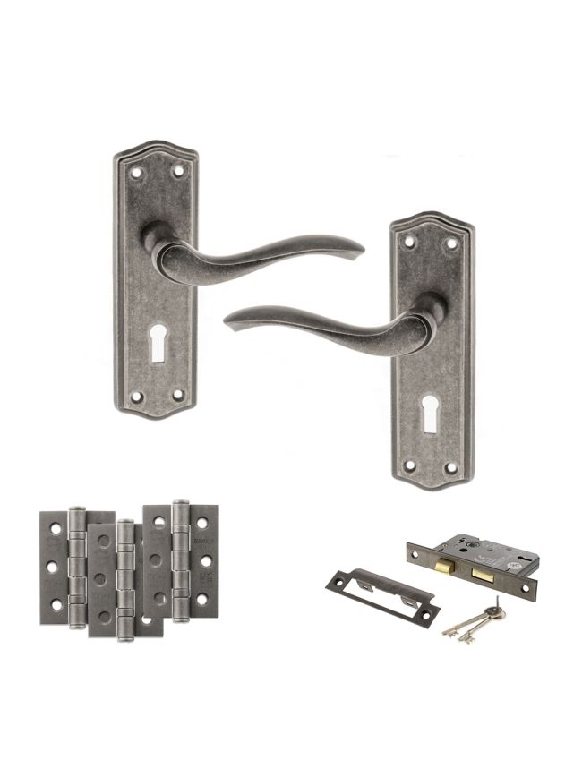 Old English Warwick Door Handle Pack (3 Lever Lock Set - 2.5" CE Sashlock, 3" Fire Rated Hinges x3) - Distressed Silver