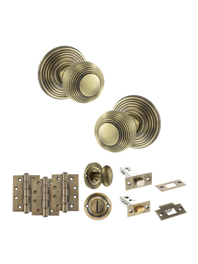 Old English Ripon Door Knob Pack (Bathroom Set - 4" Deadbolt, 4" Fire Rated Hinges x3) - Antique Brass