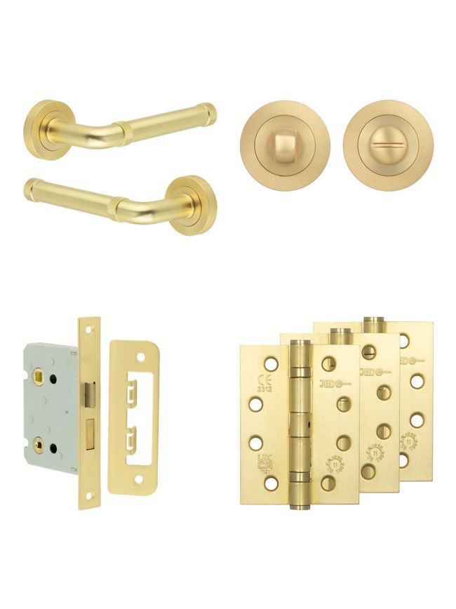 Complete Midtown Door Handle Pack - Bathroom Lock (Standard Thumb Turn) - Satin Brass - 76mm / 4-inch Hinges - JE-G6A3-SB