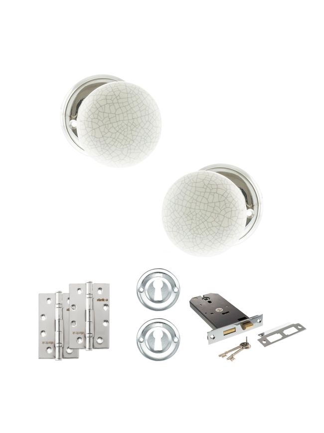 Old English Skipton Door Knob Pack (Lock Set - Horizontal Sashlock, 4" Slim Knuckle Hinges x2) - Polished Chrome