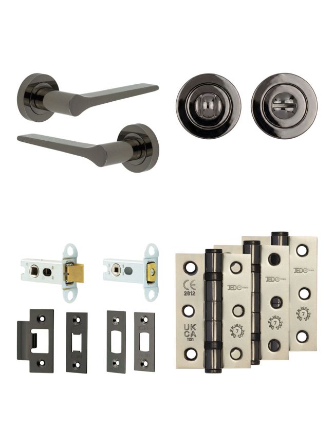 Complete Gio Door Handle Pack - Heavy Duty Tubular Bathroom (Standard Thumb Turn) - Black Nickel - 64mm / 3-inch Hinges - JE-E30B3-BN