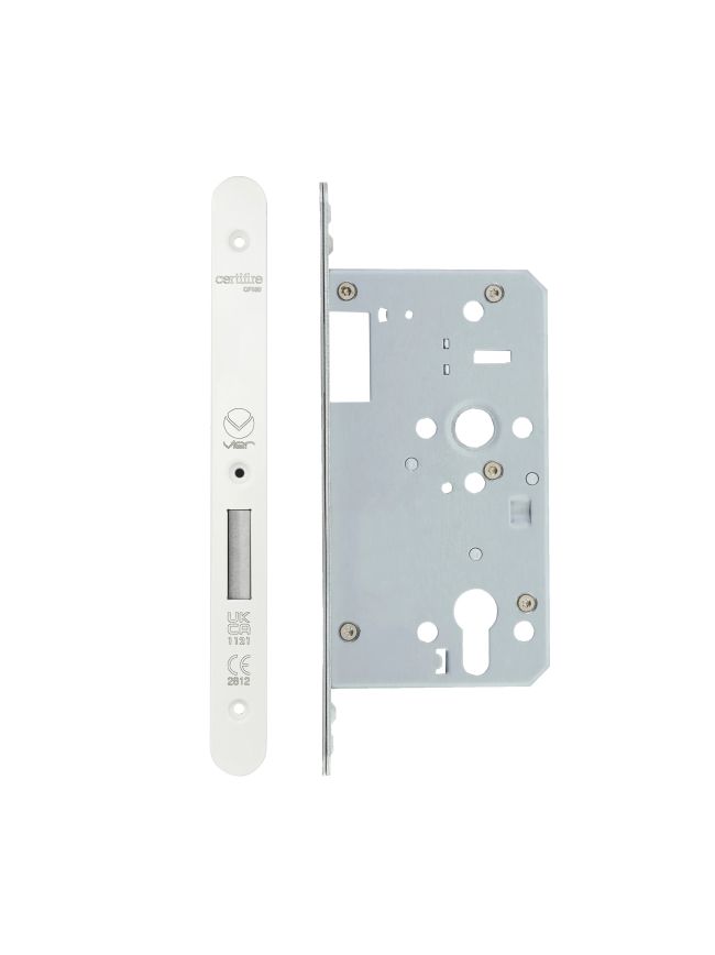 Zoo Hardware Din Euro Deadlock- Backset 60mm - 2 Pc Forend - Radius - PCW - Single Throw - White