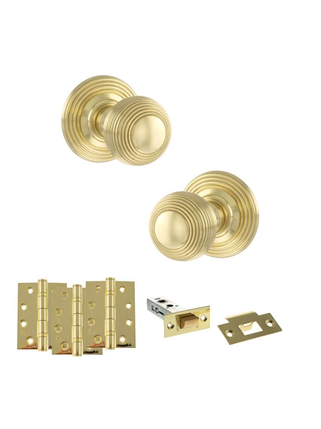 Old English Ripon Door Knob Pack (Latch Set - 3" HD Latch, 4" Fire Rated Hinges x3) - Polished Brass