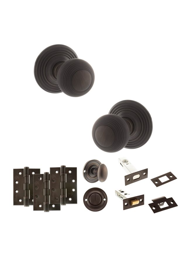Old English Ripon Door Knob Pack (Bathroom Set - 4" Deadbolt, 4" Fire Rated Hinges x3) - Urban Dark Bronze