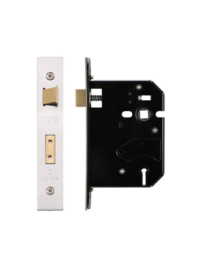 Zoo Hardware 3 Lever Replacement Sash Lock - 76mm c/w PVD Forend and Strike - Satin Stainless