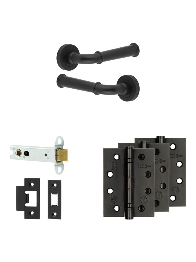 Complete Classic Door Handle Pack - Heavy Duty Latch - Matt Black - 102mm / 4-inch Hinges - JE-A22A-MB
