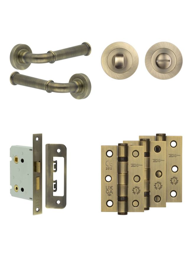 Complete Classic Door Handle Pack - Bathroom - Antique Brass - By Frelan Hardware - JE-A6B3-AB