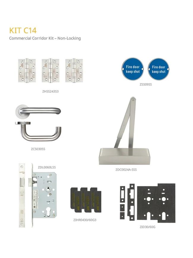Zoo Hardware Fire Door Pack - FDP-C14-30/60 - Office - Non Locking - Commercial Version - Inc ZDC0024A-SSS - Stainless Steel