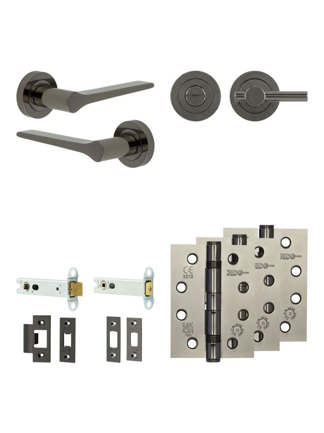 Complete Gio Door Handle Pack - Heavy Duty Tubular Bathroom (Plain Thumb Turn) - Black Nickel - 102mm / 4-inch Hinges - JE-E32A2-BN