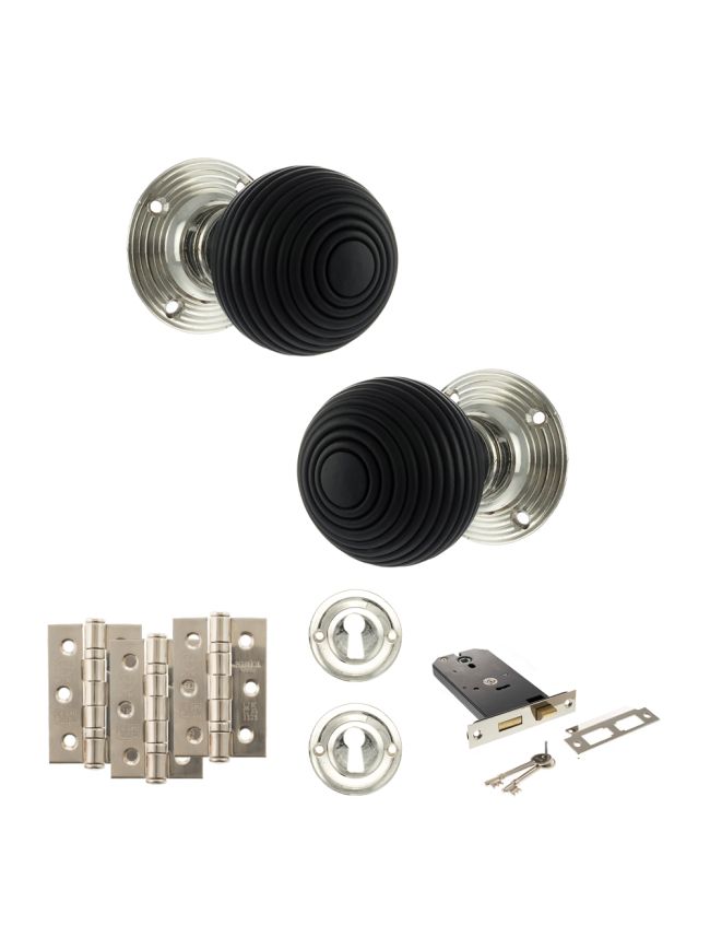 Old English Whitby Door Knob Pack (Lock Set - Horizontal Sashlock, 3" Fire Rated Hinges x3) - Polished Nickel