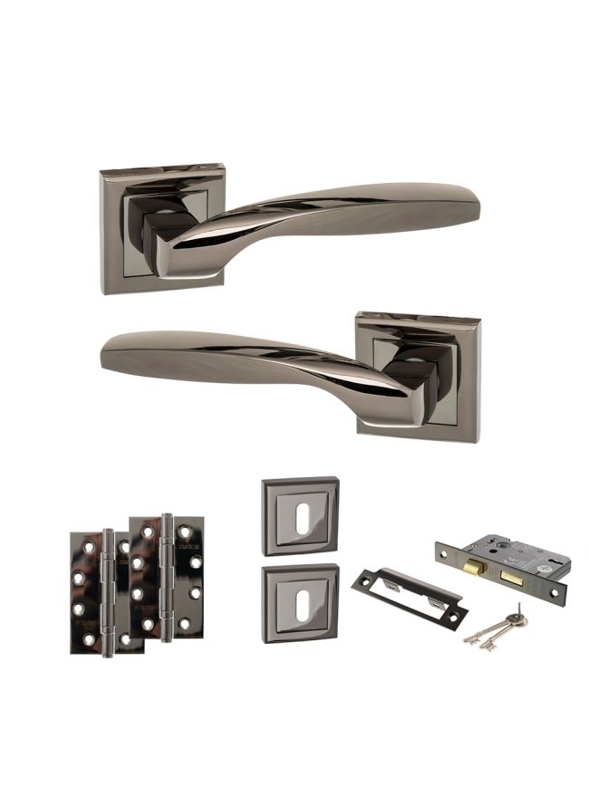 STATUS Oklahoma Door Handle Pack (3 Lever Lock Set - 2.5" CE Sashlock, 4" Slim Knuckle Hinges x2) - Black Nickel