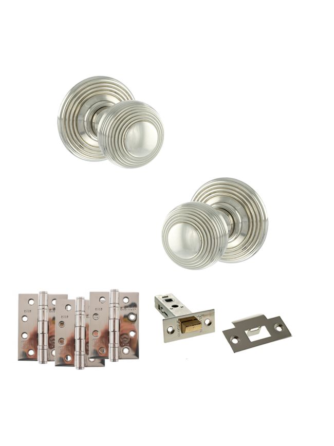 Old English Ripon Door Knob Pack (Latch Set - 3" HD Latch, 4" Fire Rated Hinges x3) - Polished Nickel