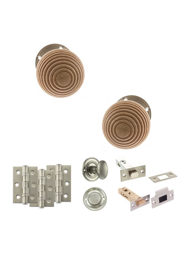 Old English Bridlington Door Knob Pack (Bathroom Set - 3" Deadbolt, 3" Fire Rated Hinges x3) - Satin Nickel