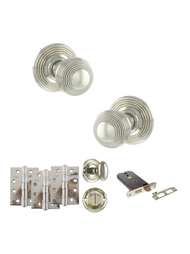 Old English Ripon Door Knob Pack (Lock Set - Horizontal Bathlock, 4" Fire Rated Hinges x3) - Polished Nickel