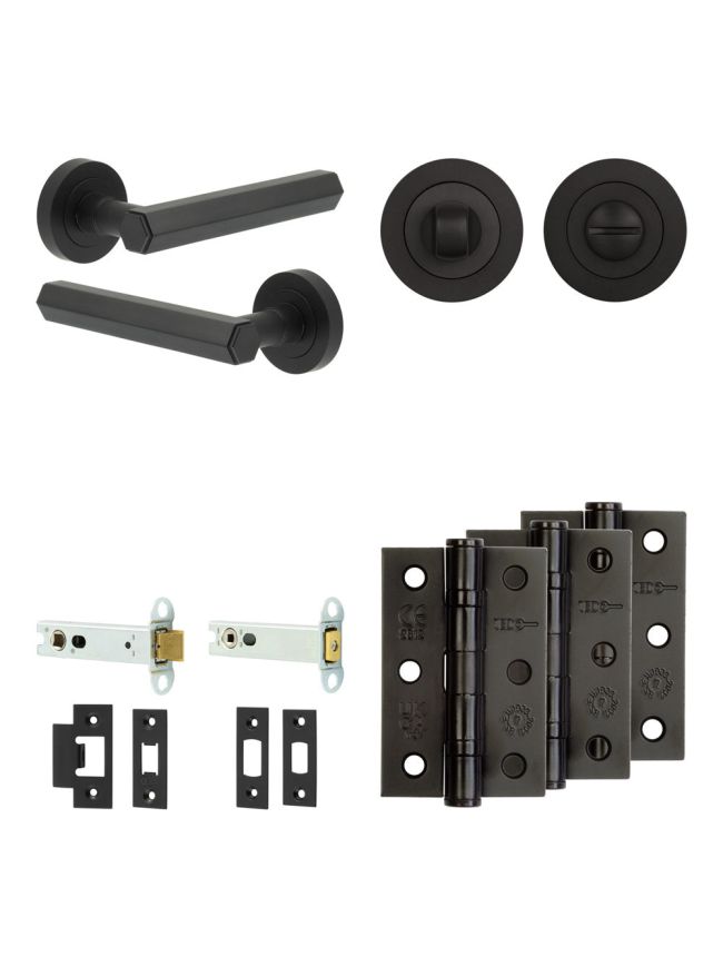 Complete Hex Door Handle Pack - Heavy Duty Tubular Bathroom (Standard Thumb Turn) - Matt Black - 102mm / 3-inch Hinges - JE-C32B3-MB