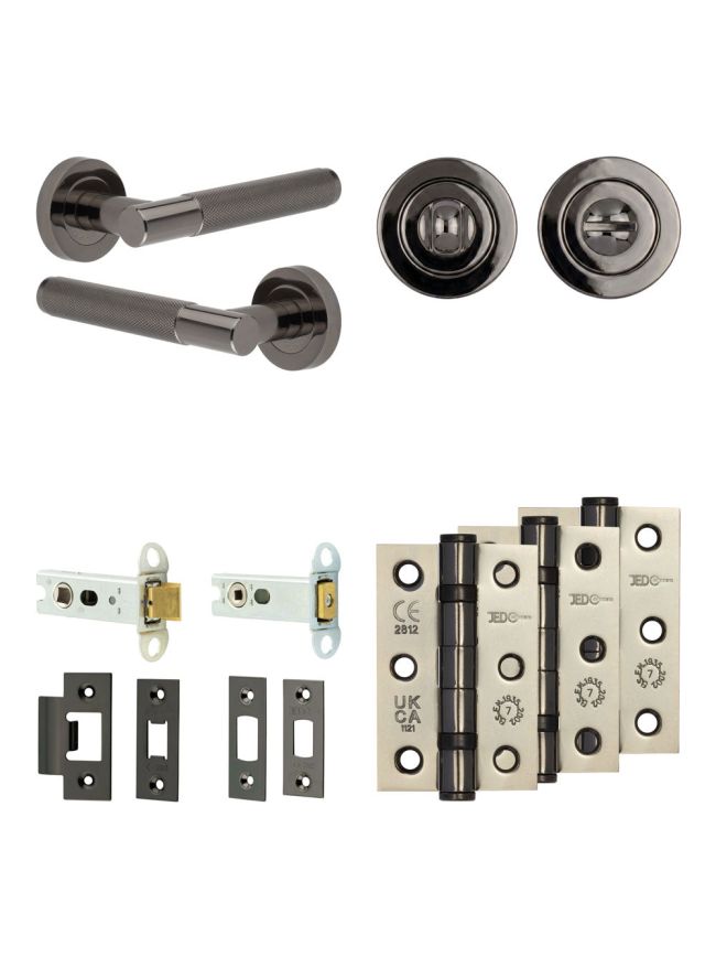 Complete Bari Door Handle Pack - Heavy Duty Tubular Bathroom (Standard Thumb Turn) - Black Nickel - 76mm / 3-inch Hinges - JE-D31B3-BN