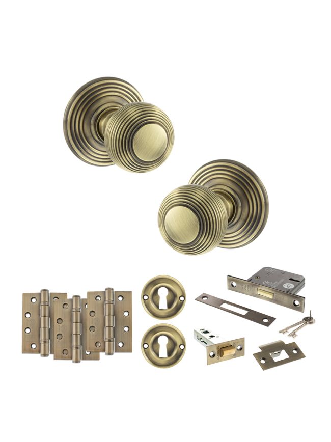 Old English Ripon Door Knob Pack (Lock Set - 3" Latch & Deadlock, 4" Fire Rated Hinges x3) - Antique Brass