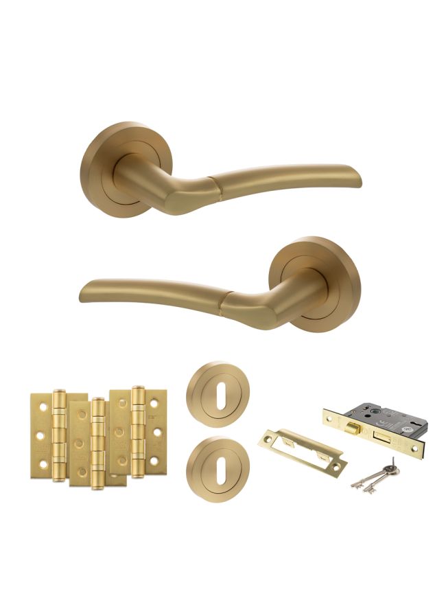 STATUS Indiana Door Handle Pack (3 Lever Lock Set - 3" CE Sashlock, 3" Fire Rated Hinges x3) - Satin Brass