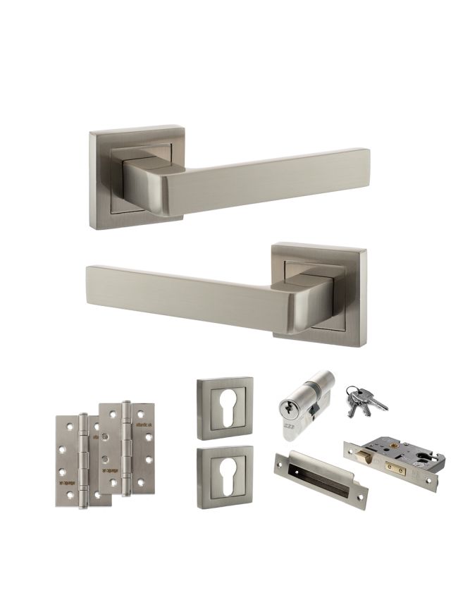 STATUS Montana Door Handle Pack (Euro Lock Set - 3" CE Sashlock, 4" Slim Knuckle Hinges x2) - Satin Nickel
