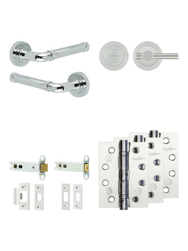 Complete Midtown Door Handle Pack - Heavy Duty Tubular Bathroom (Knurled Thumb Turn) - Polished Chrome - 102mm / 4-inch Hinges - JE-G32A1-PC