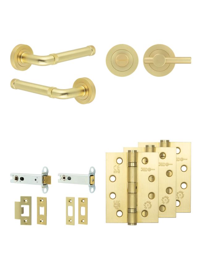 Complete Midtown Door Handle Pack - Heavy Duty Tubular Bathroom (Plain Thumb Turn) - Satin Brass - 102mm / 4-inch Hinges - JE-G32A2-SB