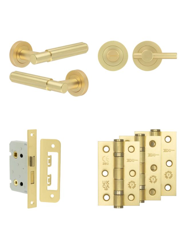 Complete Bloom Door Handle Pack - Bathroom Lock (Plain Thumb Turn) - Satin Brass - 65mm / 3-inch Hinges - JE-B5B2-SB
