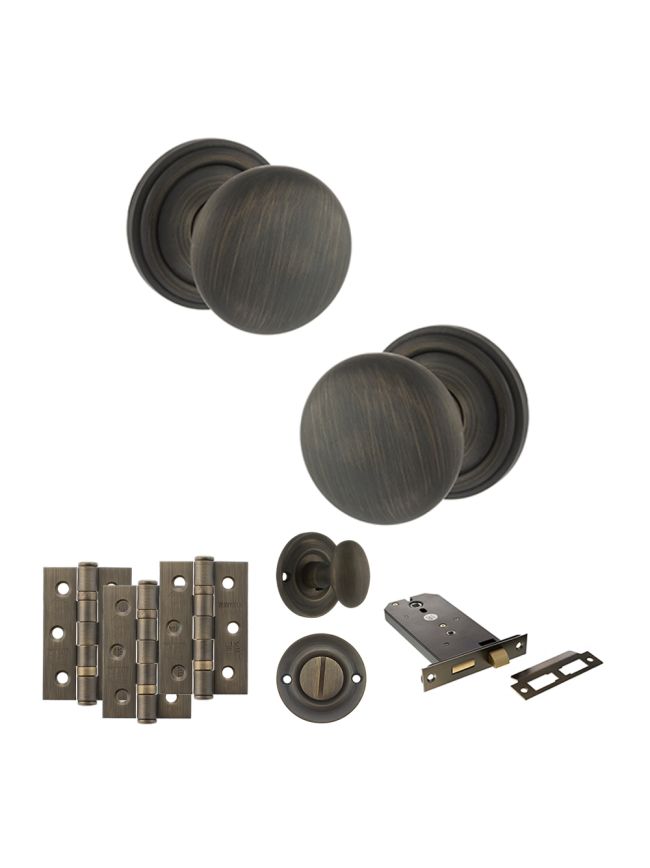Old English Harrogate Door Knob Pack (Lock Set - Horizontal Bathlock, 3" Fire Rated Hinges x3) - Urban Bronze