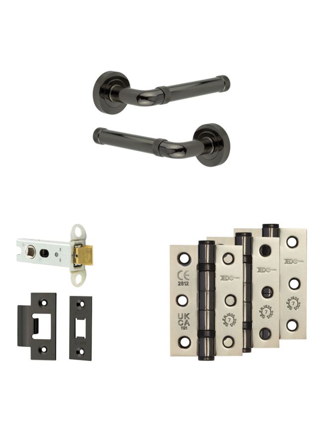 Complete Midtown Door Handle Pack - Heavy Duty Latch - Black Nickel - 76mm / 3-inch Hinges - JE-G21B-BN