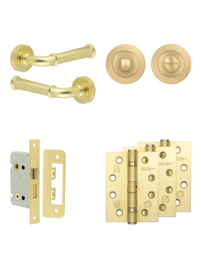 Complete Classic Door Handle Pack - Bathroom Lock (Standard Thumb Turn) - Satin Brass - 65mm / 4-inch Hinges - JE-A5A3-SB