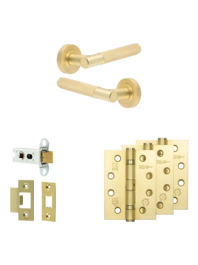 Complete Bari Door Handle Pack - Heavy Duty Latch - Satin Brass - 64mm / 4-inch Hinges - JE-D20A-SB