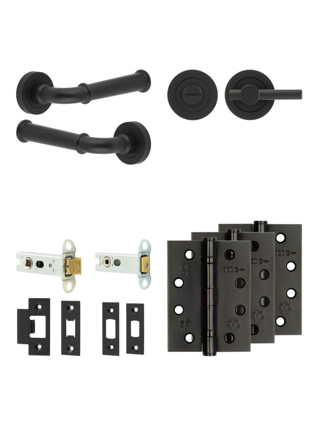 Complete Classic Door Handle Pack - Heavy Duty Tubular Bathroom (Plain Thumb Turn) - Matt Black - 76mm / 4-inch Hinges - JE-A31A2-MB